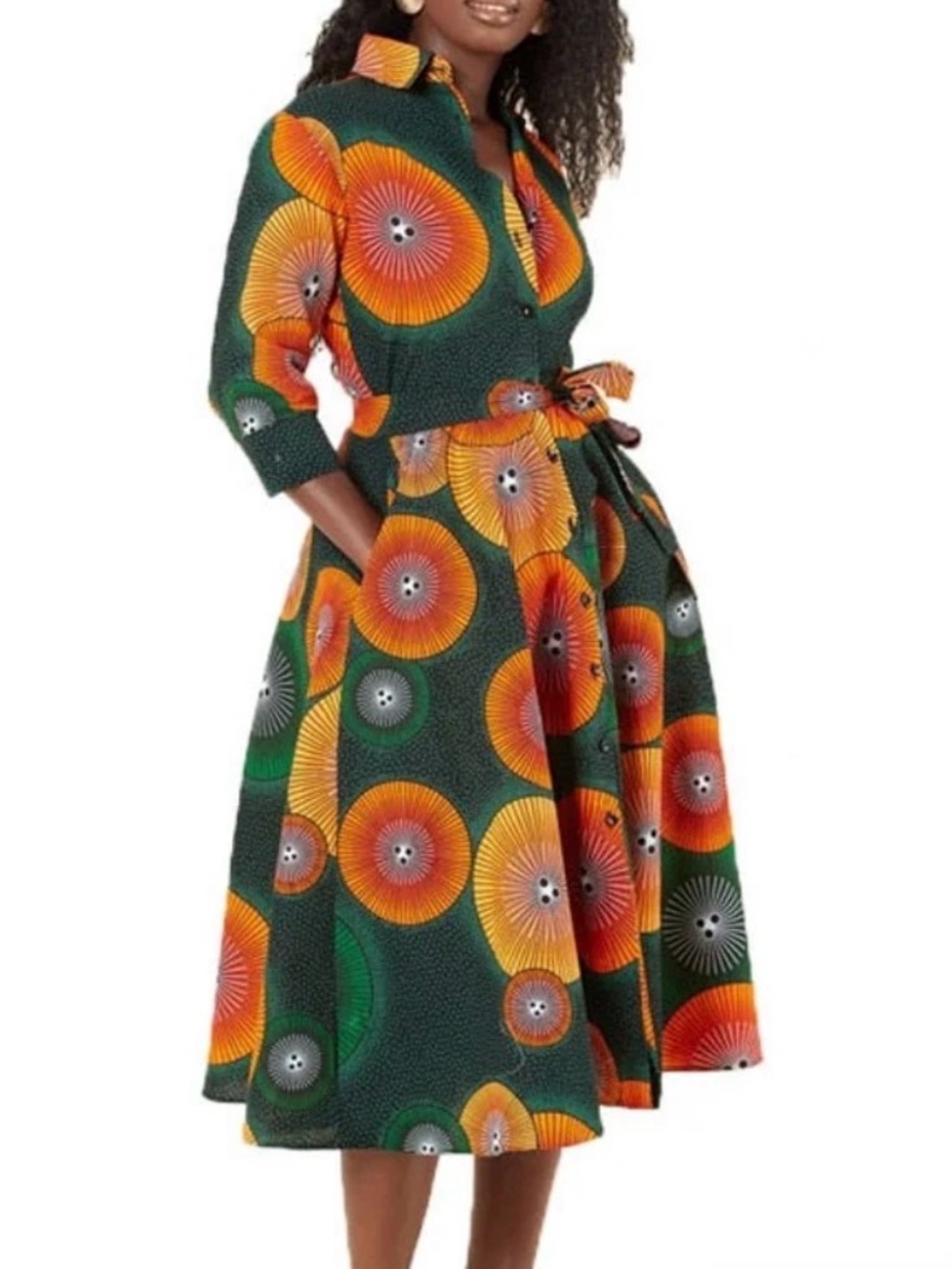 Green & Orange Midi Shirt Dress with Tie Waist - Picture 4 of 4